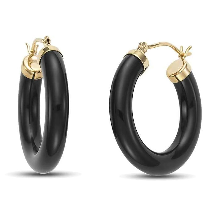 Black Onyx Hoop Earrings 14K Gold﻿