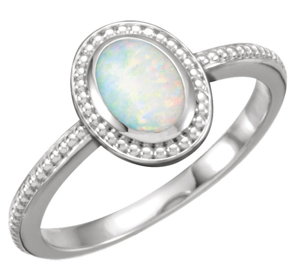 Beaded Opal Cabochon Ring in 14K White Gold