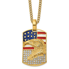 Patriotic American Eagle Flag Dog Tag Necklace in Gold-Plated Stainless Steel