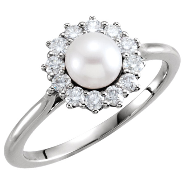 Freshwater Pearl and 1/3 Carat Diamond Halo Ring