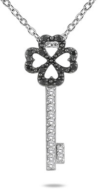 1/4 Carat Black and White Diamond Heart Key Pendant, 10K White Gold