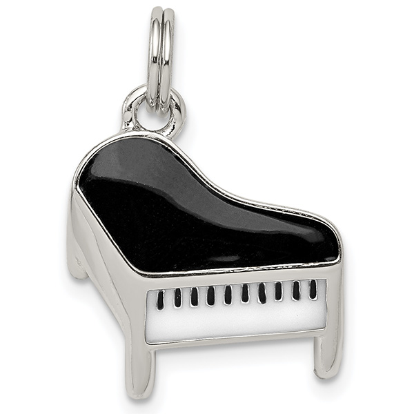 Black and White Enameled Piano Charm Pendant, Sterling Silver
