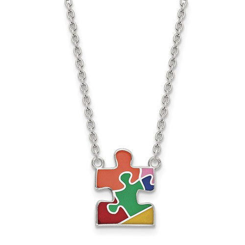Sterling Silver Enameled Autism Awareness Puzzle Necklace
