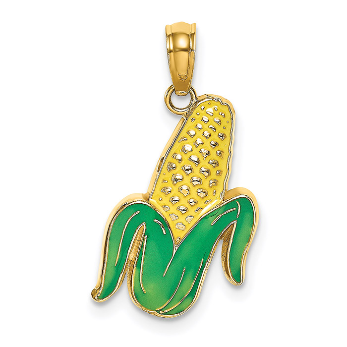 enameled corn with husk pendant 14k gold