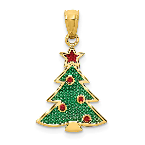 Red and Green Enameled Christmas Tree Pendant in 14k Gold