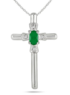 Oval-Cut Emerald and Diamond Cross Pendant 10K White Gold