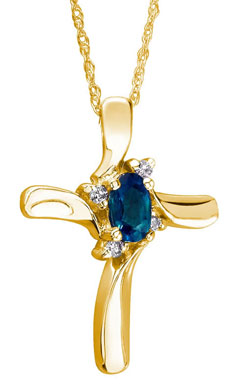 Sapphire Cross Diamond Pendant in 10K Yellow Gold