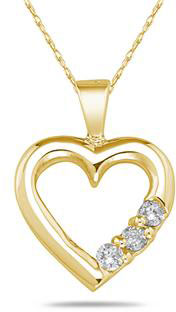 Three Stone Diamond Heart Pendant in 10K Yellow Gold