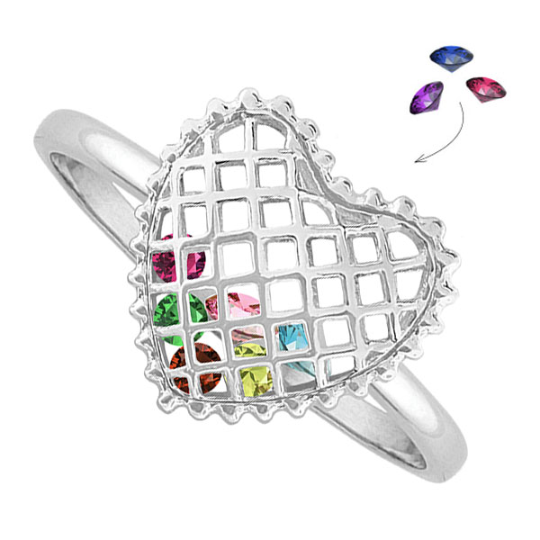 caged birthstone mother's gemstone heart ring - white gold