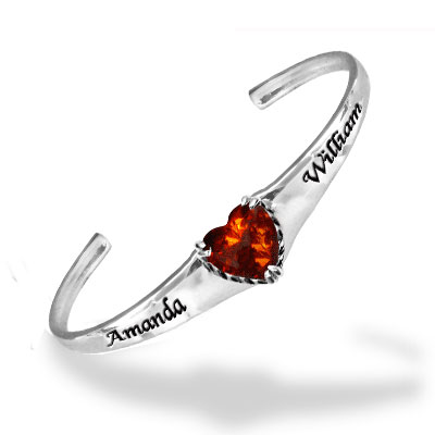 Engraved Birthstone Heart Cuff Bracelet with CZ in Sterling Silver