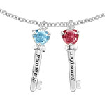 Engraved Family Key Pendant Necklace with 2 CZ Gemstones in Sterling Silver