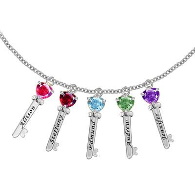 Family Key Charm Necklace with 5 CZ Stones in Sterling Silver