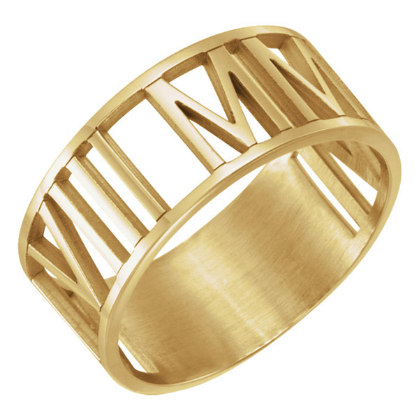 Gold Personalized Roman Numeral Date Wedding Band Ring