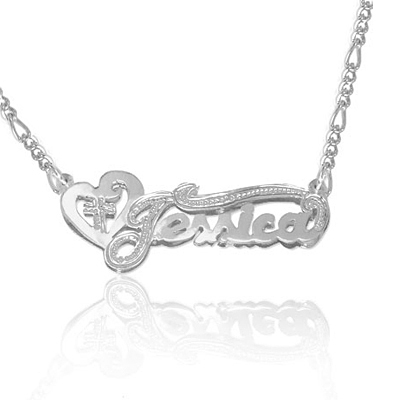 Heart and Cross Personalized Name Pendant Necklace in White Gold
