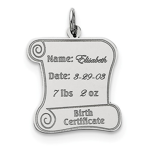 Personalized Birth Certificate Pendant, Sterling Silver