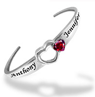 Personalized Birthstone Cuff Bangle Bracelet with Heart CZ, Sterling Silver