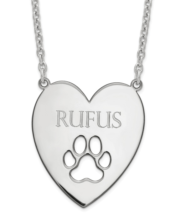 Personalized Dog Paw Print Heart Necklace, Sterling Silver