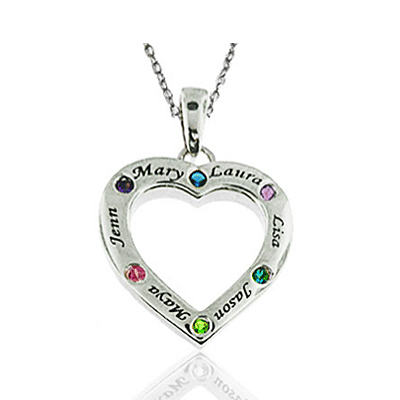 Personalized Family Heart Pendant with CZ Birthstones in Sterling Silver