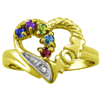 Personalized Mom Gemstone Heart Ring in Yellow Gold