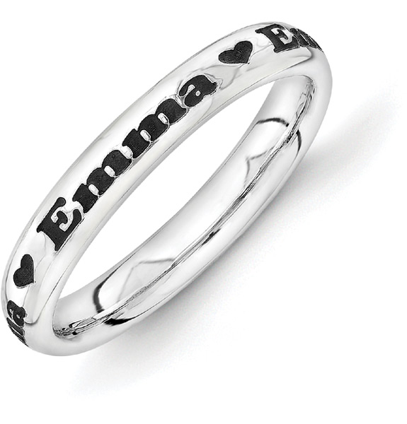 Personalized Black Antiqued Name Ring with Heart in Silver