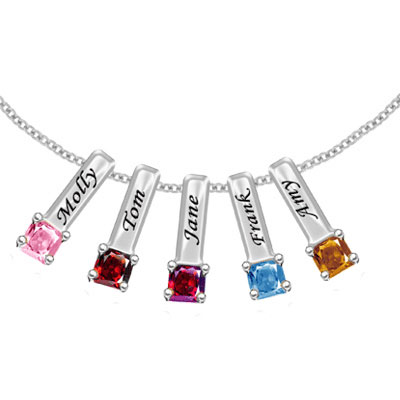 Sterling Silver Mother's Necklace with 5 Birthstone Pendants