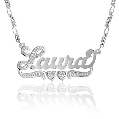 Two-Hearts Name Pendant with Figaro Link Necklace in Sterling Silver