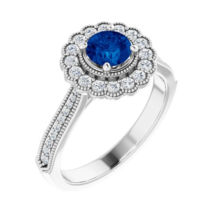 1 Carat Blue Sapphire and Diamond Halo Engagement Ring﻿