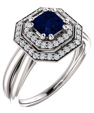 Asscher-Cut Blue Sapphire and Diamond Halo Bridal Ring Set