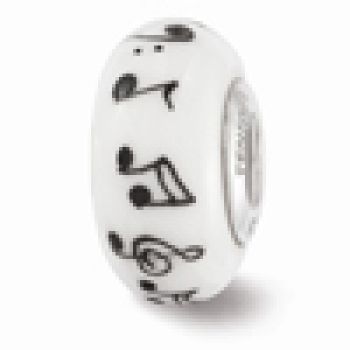 White Music Notes Glass Bead, Sterling Silver (Hand-Painted) 4