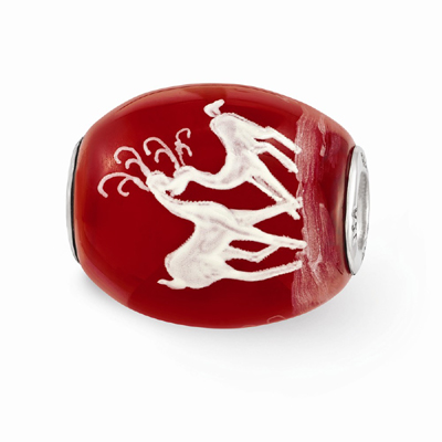 Red Christmas Deer Glass Bead, Sterling Silver (Hand-Painted)