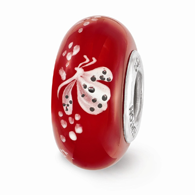 Red Hand Painted Butterfly Glass Bead in Sterling Silver