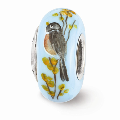 Robin on Forsythia Glass Bead, Sterling Silver (Hand-Painted)