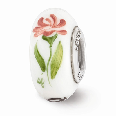 White Hand Painted Phi Mu Glass Bead, Sterling Silver