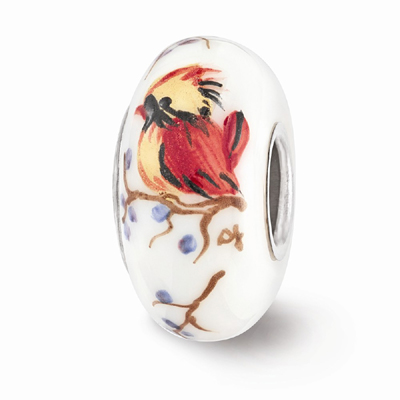 White Lady Cardinal Glass Bead, Sterling Silver (Hand-Painted)