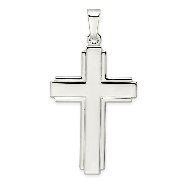 polished cross pendant for men with line border in sterling silver