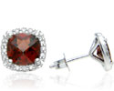 Cushion-Cut Garnet and Diamond Halo Stud Earrings in Sterling Silver