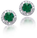 Green Emerald and Diamond Halo Earrings in Sterling Silver