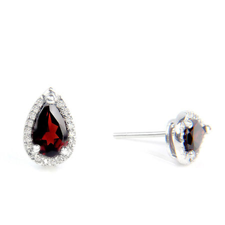 Pear-Shaped Garnet and Diamond Halo Stud Earrings in Sterling Silver