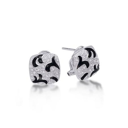 Sterling Silver Diamond Earrings with Black Enamel Accent