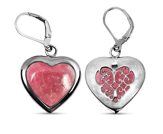 Rhodonite Heart Earrings in Sterling Silver