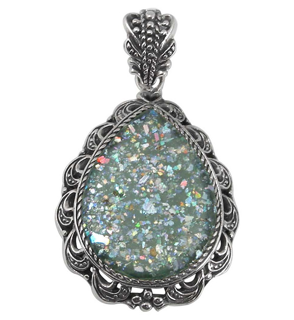 Antiqued Ancient Roman Glass Pendant in Silver