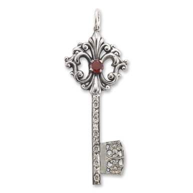 Victorian Key Pendant in Sterling Silver with Garnet Accent