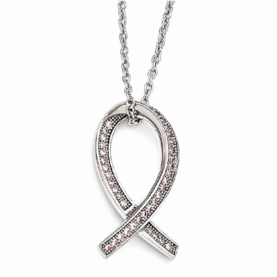 CZ Brilliant Embers Polished Awareness Ribbon Necklace in Sterling Silver