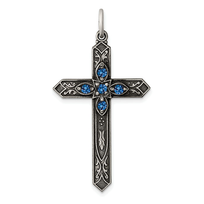December Birthstone Antiqued Cross Pendant Sterling Silver