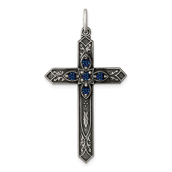 September Sapphire Color Birthstone Cross Pendant