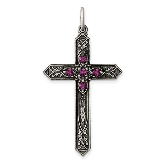 February Birthstone Cross Pendant, Sterling Silver