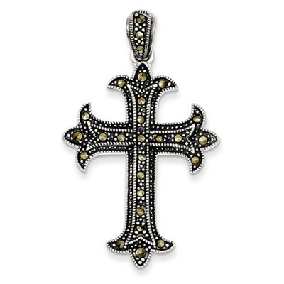 Fleur-De-Lis Marcasite Cross Pendant, Sterling Silver