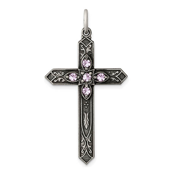 June Birthstone Cross Pendant, Sterling Silver