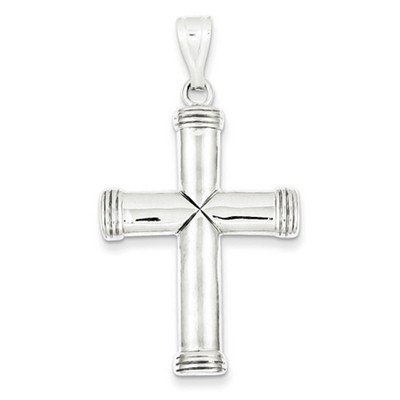 Large Polished and Lined Modern Cross Pendant, Sterling Silver