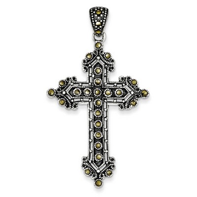 Antique-Finished Two Tone Marcasite Cross Necklace in Sterling silver